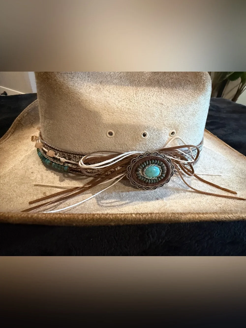 Tan Leather Western Hatband with Turquoise Concho and Fringe